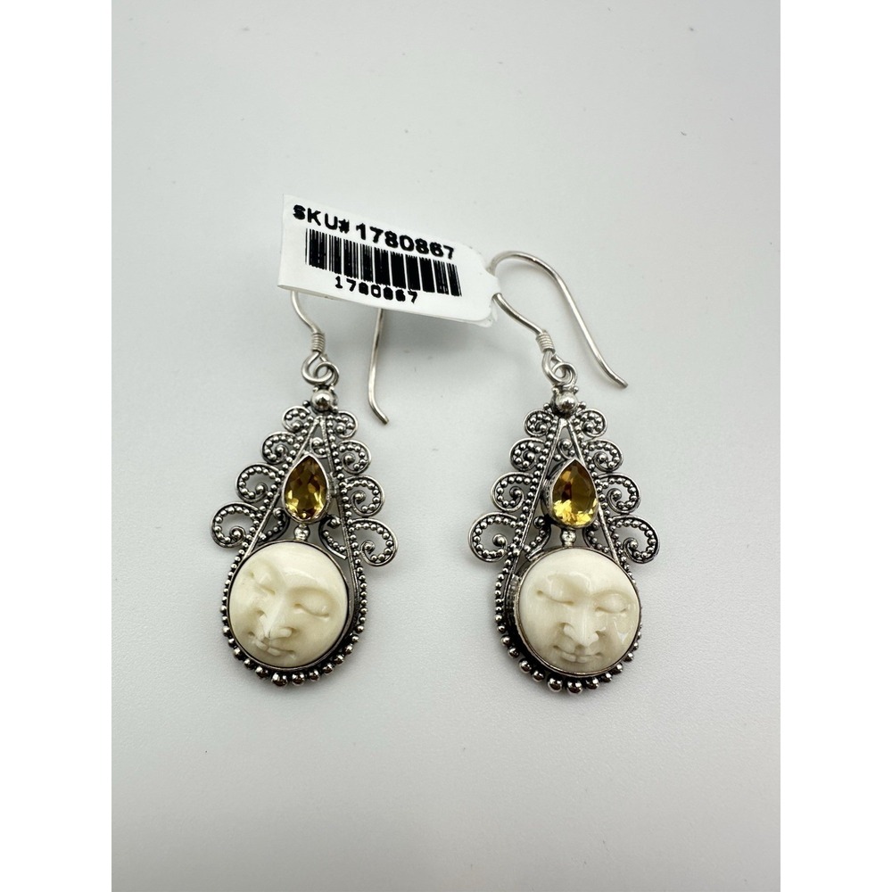 Vintage ornate 925 Sterling silver Carved Goddess Face Dangle earrings Citrine
